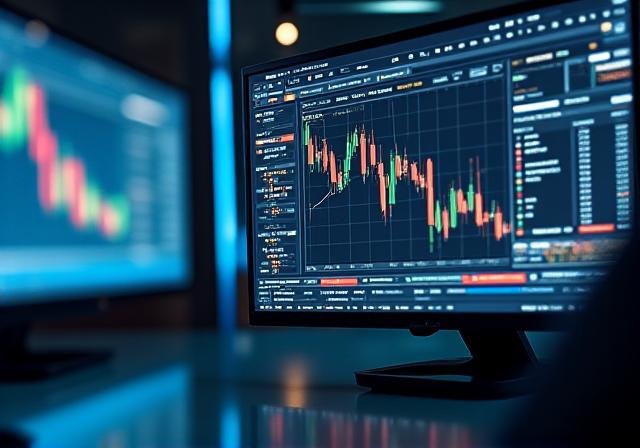 Professional multi-monitor trading station with financial charts